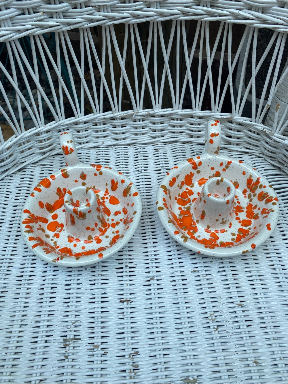 1984 Handmade White Ceramic Candle Holders with Orange Speckle - Set of 2